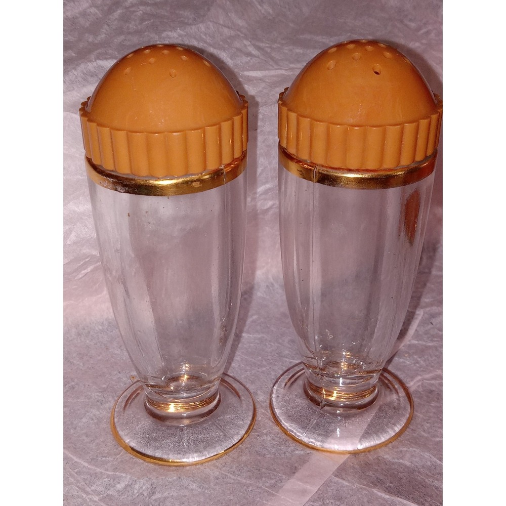 Vtg Jeannette Glass Co. 24kt Decorated Salt & Pepper Shakers MCM Butterscotch